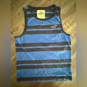 VINTAGE Hollister Men's Blue and Black Striped Tank Top